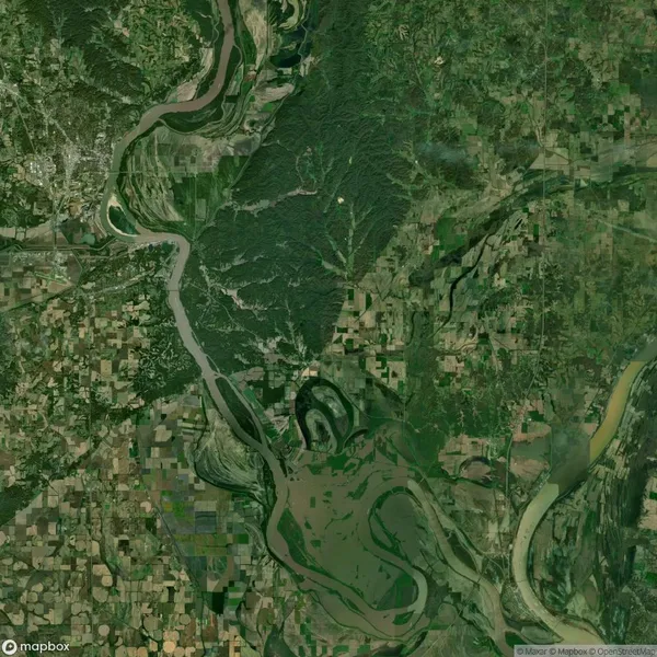 Satellite view of a winding river surrounded by patchwork farmland and forested areas, depicting natural and agricultural landscapes.