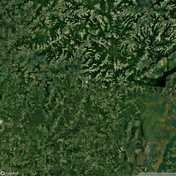 Satellite image showing a landscape with dense greenery, patches of farmland, and a river running through.