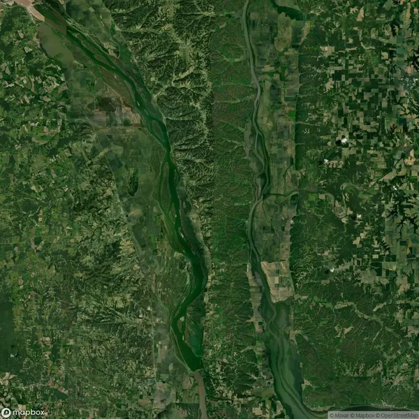 Satellite image of a green landscape featuring a river winding through valleys and agricultural fields, with a mix of dense forest and open spaces on either side.