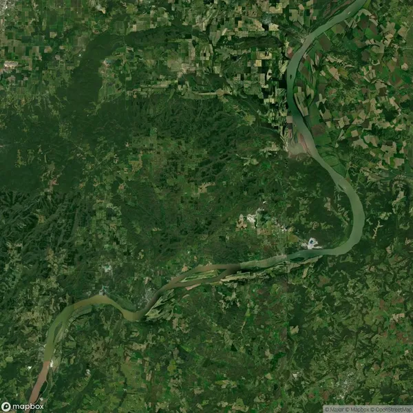 Aerial satellite view of a lush, green landscape intersected by a winding river. Farmlands and patches of forest are visible, with the river creating natural curves across the terrain.