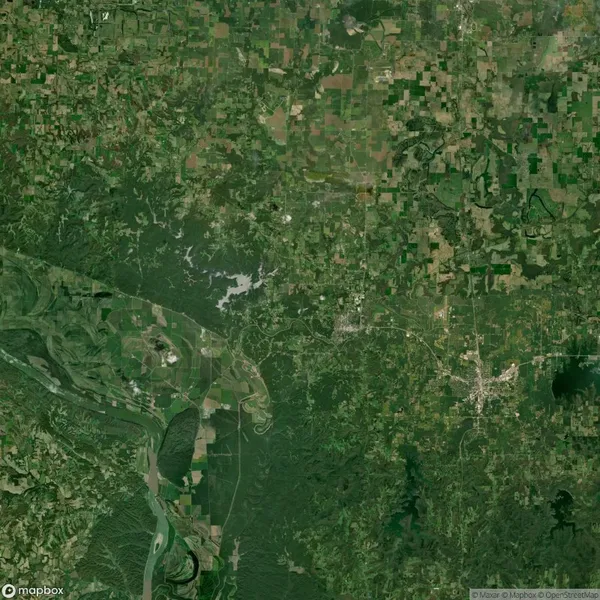 Satellite view of a green landscape with agricultural fields, a river, scattered forests, and small urban areas.