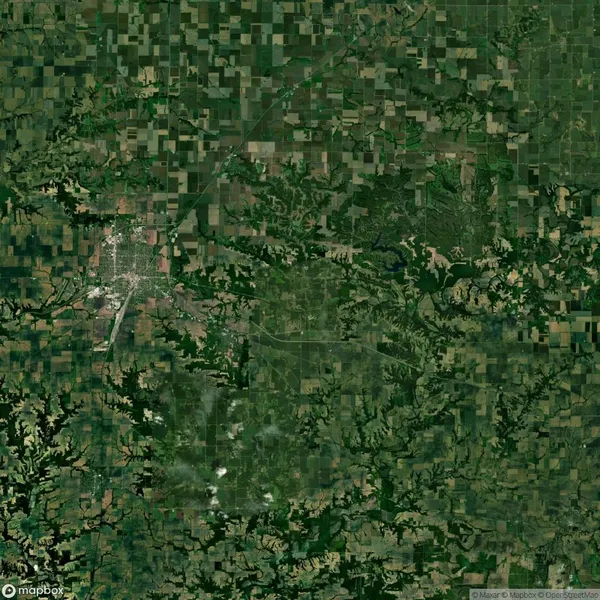 Satellite view of a large, grid-like agricultural landscape with patches of greenery and a densely built area on the left.