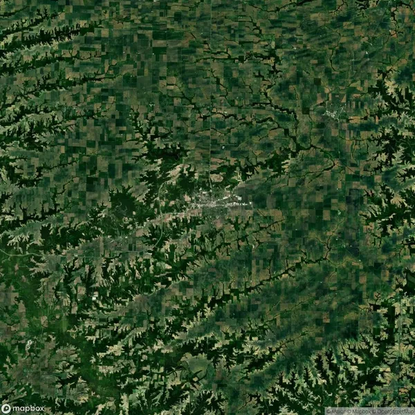Aerial view of a landscape with dense green forest areas, agricultural fields, and a small settlement in the center.