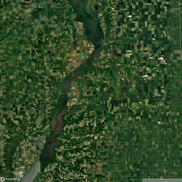 Satellite view of a river winding through a patchwork of agricultural fields and forests, showing varying shades of green and brown.