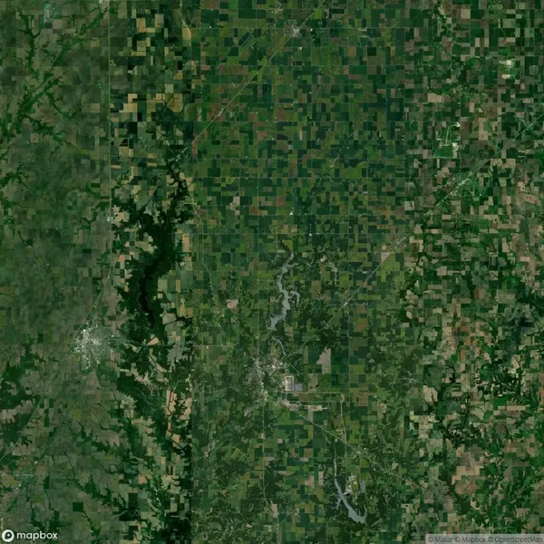 Aerial view of a landscape with a patchwork of green and brown fields, a winding river, and a densely forested area on the left.