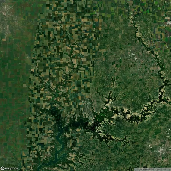 Aerial view of the moultrie landscape with a pattern of agricultural fields on the left and dense green forested areas on the right, divided by a river running through the middle.
