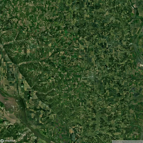 Aerial view of a vast, green patchwork of agricultural fields and forests, with a winding river in the lower left corner.