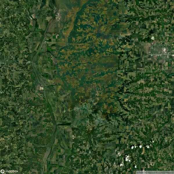 A satellite image of a landscape featuring a mixture of green agricultural fields, forests, and waterways in a rural area.