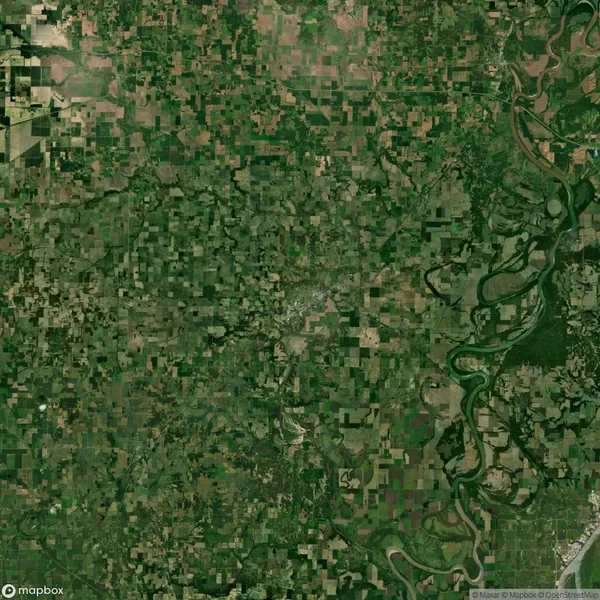 Aerial view of a patchwork of green and brown agricultural fields, alongside a winding river with surrounding forested areas on the right.