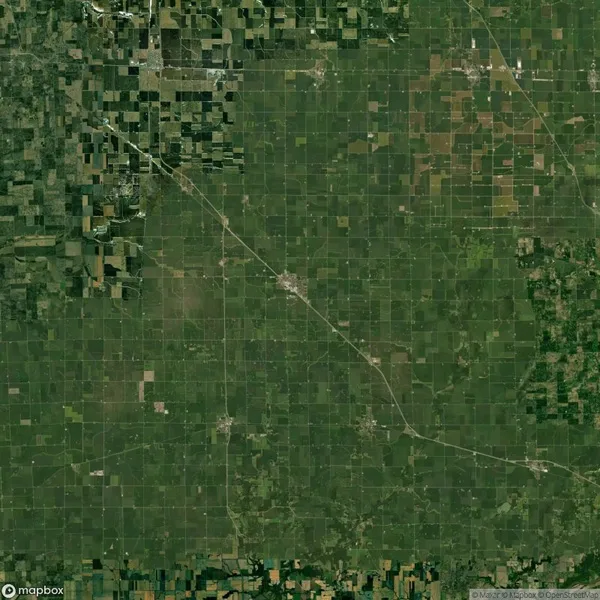 Aerial view of a vast, green farmland landscape with a grid-like pattern and patches of different shades of green and brown. A road runs diagonally across the image.