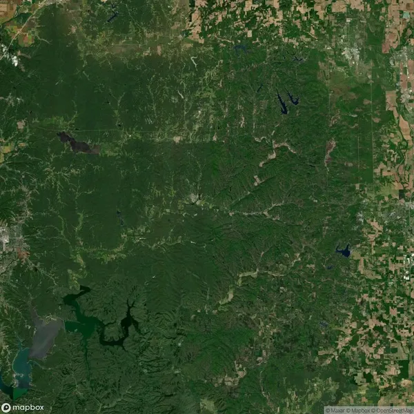 Aerial view of a densely forested area with visible patches of farmland and a few small lakes scattered throughout. Roads and clearings are faintly visible amid the greenery.