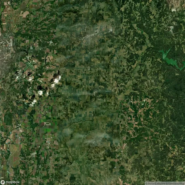 Aerial view of a landscape with a mix of dense green forest and agricultural fields. Small clusters of clouds are visible in the left third of the image.