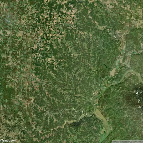Satellite image showing a vast, green landscape with agricultural fields, a winding river, and scattered forested areas.