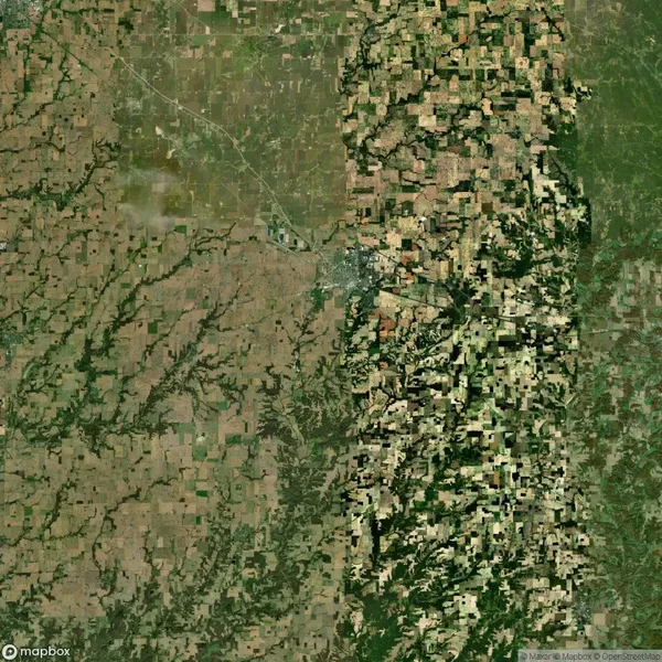 Satellite image of agricultural fields with a central urban area. The left side is mostly brown fields, while the right side has a mix of green and brown patches, indicating varied vegetation.