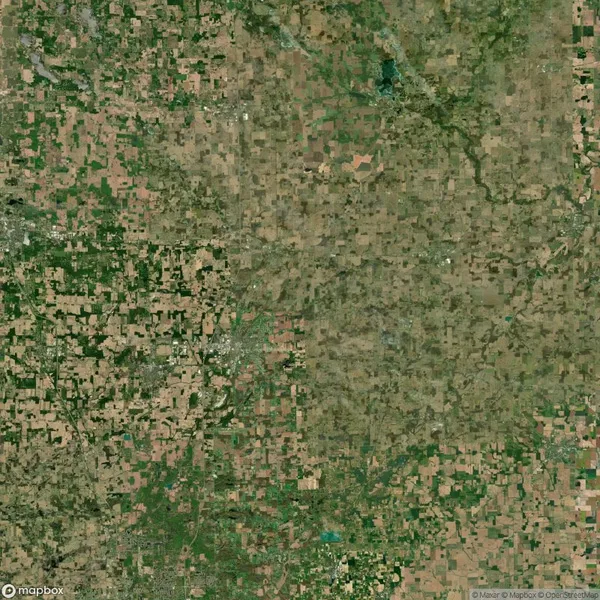 Satellite view of a patchwork agricultural landscape with a mixture of green and brown fields, roads, and sparse settlements.