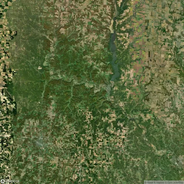 Satellite image depicting a landscape with dense green forests, a winding river, and a patchwork of agricultural fields.