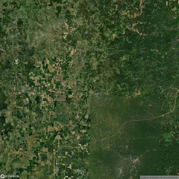 Aerial view of a landscape showing a mixture of agricultural fields and dense forested areas, with a network of roads cutting through the greenery.
