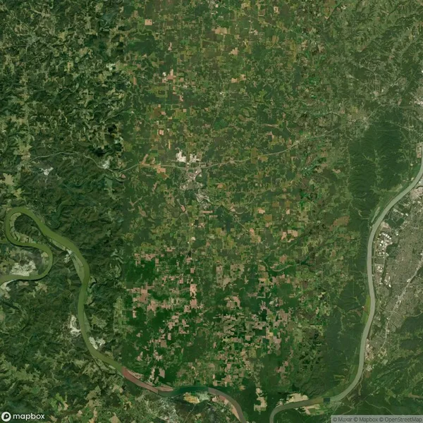 Aerial view of a densely vegetated landscape with mixed agriculture and forest areas. Two rivers run parallel, surrounded by varied terrain and patches of land showing different shades of green and brown.