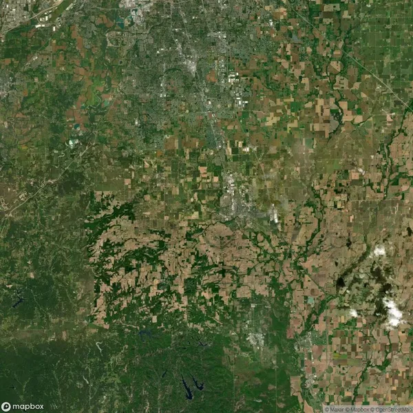 Satellite view of a sprawling urban area surrounded by a patchwork of fields and dense green forests, with a few cloudy patches and a river snaking through the landscape.