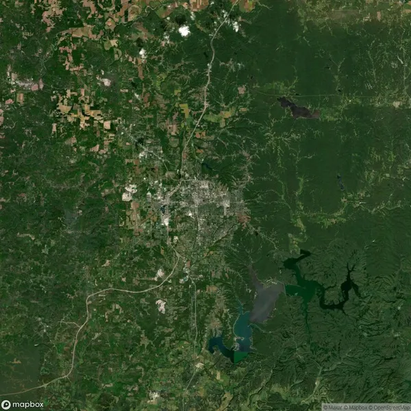 Satellite image depicting a densely vegetated landscape surrounding urban and rural areas with visible roads. A large body of water is located towards the bottom right.