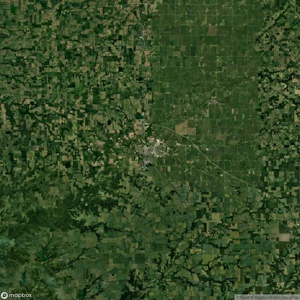 Aerial view of a town surrounded by a patchwork of agricultural fields and dense forested areas, intersected by a road.