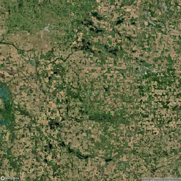 Satellite view of a landscape showing a patchwork of agricultural fields, roads, and some water bodies in an extensive rural area.