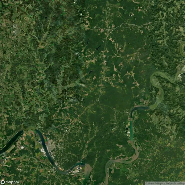 Satellite image showing a lush green landscape with a winding river and scattered forest areas. The terrain includes a mix of flat and elevated regions.