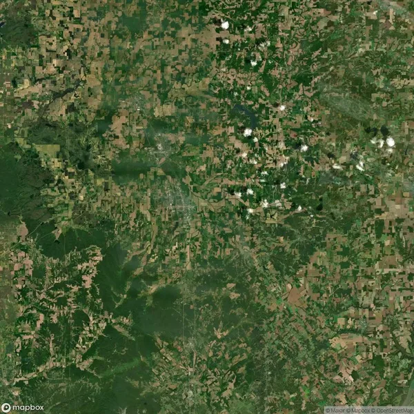 Aerial view of a patchwork landscape with varying shades of green and brown, showing fields, forests, and a few scattered clouds above.