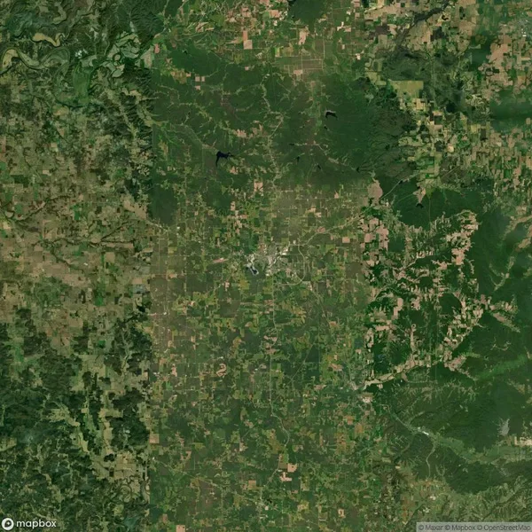 Satellite view showing a landscape with a blend of urban and rural areas, including roads and patches of forests, fields, and residential areas, with varied green tones across the image.