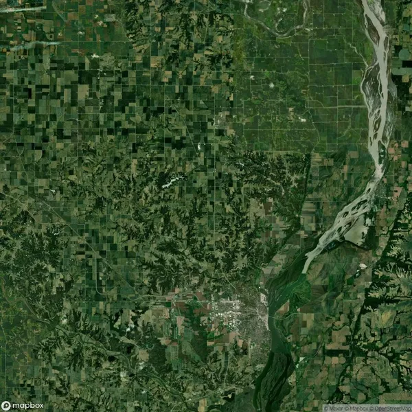 Satellite view of a predominantly green, patchwork landscape with farmland, forests, and a winding river on the right side.