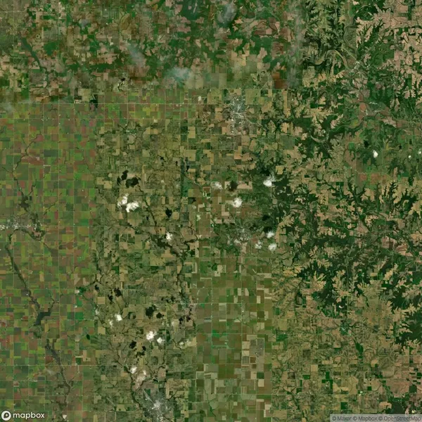 Aerial view of a rural area showing a patchwork of green and brown agricultural fields, with scattered clouds and uneven forested regions.