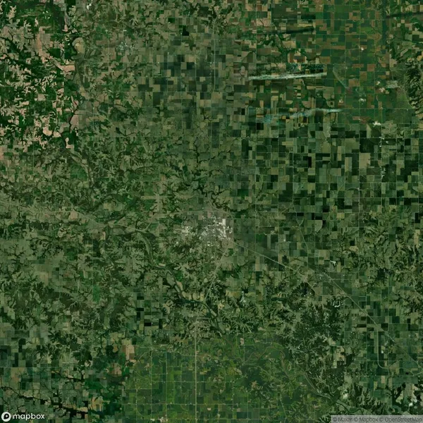 Aerial view of Patch Grove, Wisconsin, showing a patchwork of green and brown agricultural fields and small town roads.