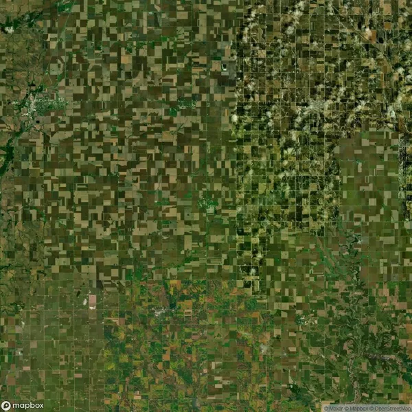 Aerial view of a large area with a patchwork of agricultural fields, showing various shades of green and brown, divided by straight lines. Sparse vegetation visible in the upper right.