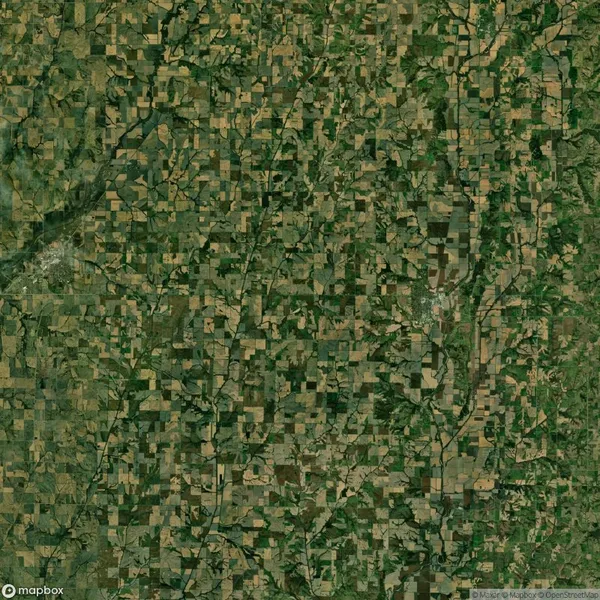 Aerial view of a patchwork of agricultural fields with varying shades of green and brown, intersected by roads and small waterways.