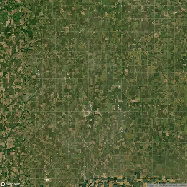 Aerial view of a large area with a patchwork of agricultural fields and scattered greenery, showing a grid-like pattern typical of farmland.