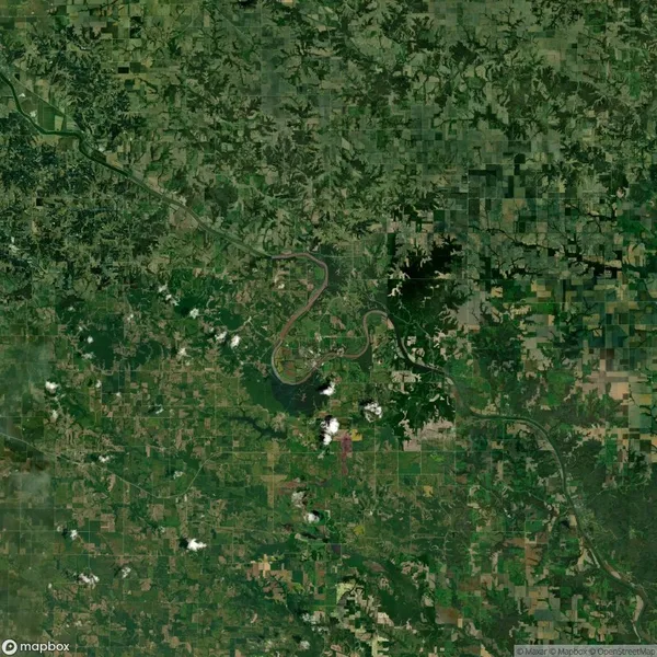 Satellite image of a landscape featuring a winding river, dense green vegetation, and patchwork agricultural fields.