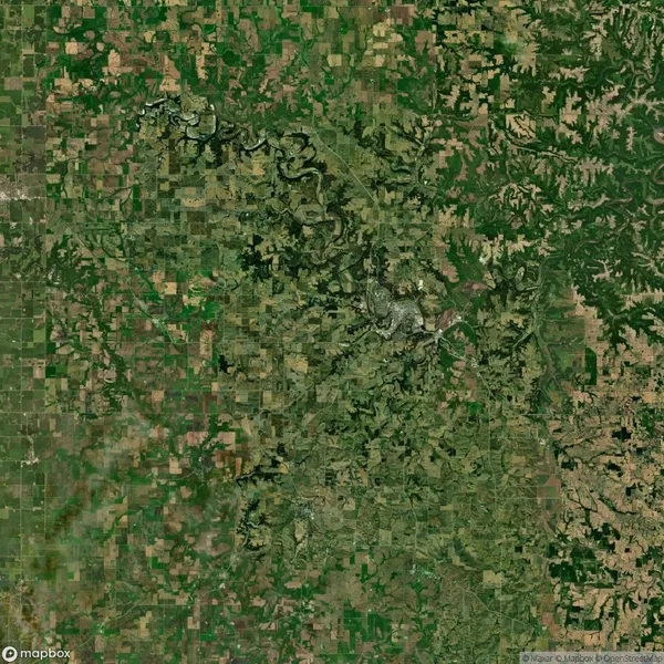 Satellite image showing a patchwork of green and brown agricultural fields and winding river in a rural area.