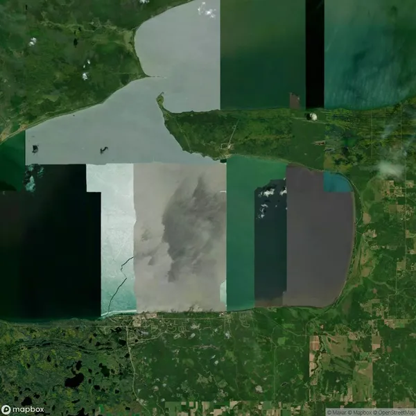 Aerial view of a large body of water surrounded by green and brown land patches, with various shades indicating different terrains or land uses.