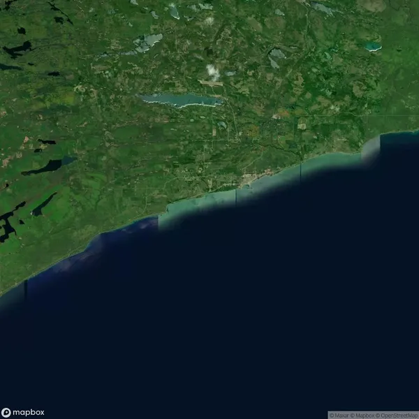 Satellite image showing a vast land area bordered by a dark body of water, with varied green landscapes, light blue patches, and distinct urban marks near the shore.