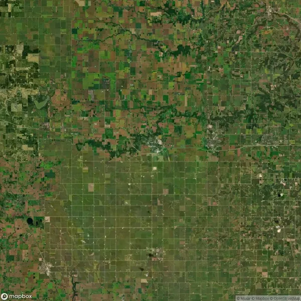 Aerial view of a vast, grid-like pattern of green agricultural fields interspersed with patches of brown land. Roads intersect the fields, and small clusters of trees are visible.