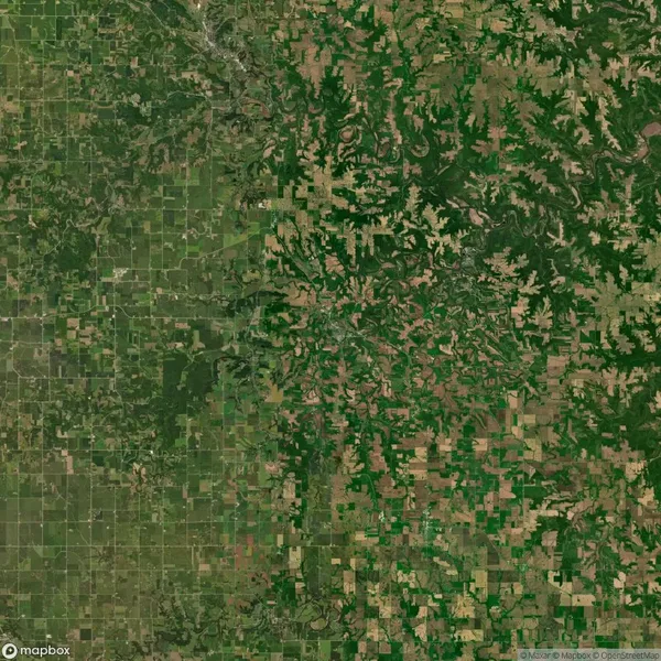Aerial view of a landscape showing a patchwork of agricultural fields and natural areas with varied vegetation patterns.