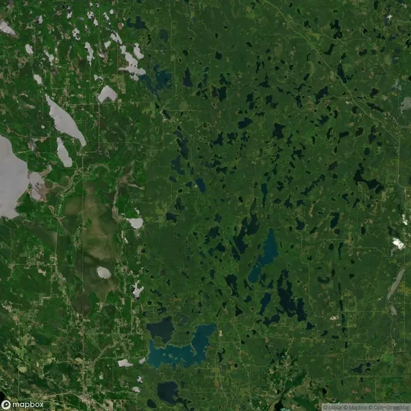 Aerial view of a densely forested landscape with numerous small lakes and patches of clearings, intersected by a network of roads.