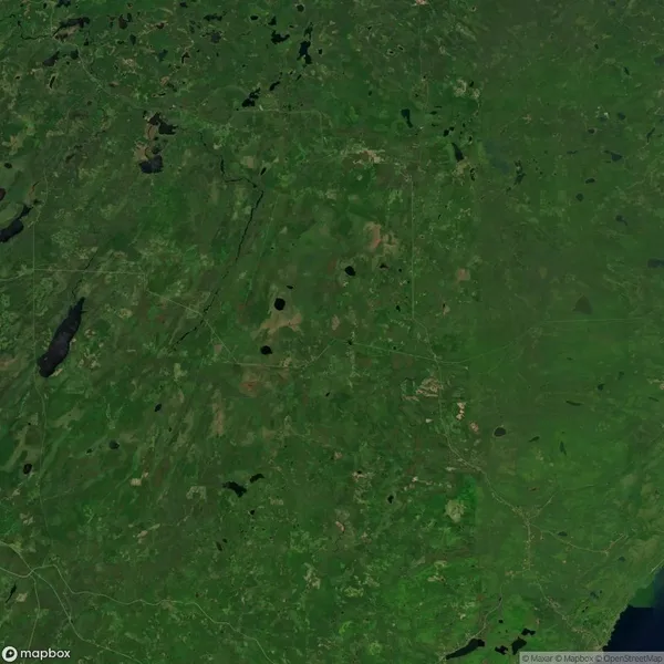 Aerial view of a green landscape featuring scattered bodies of water, forested areas, and open spaces under a clear sky.