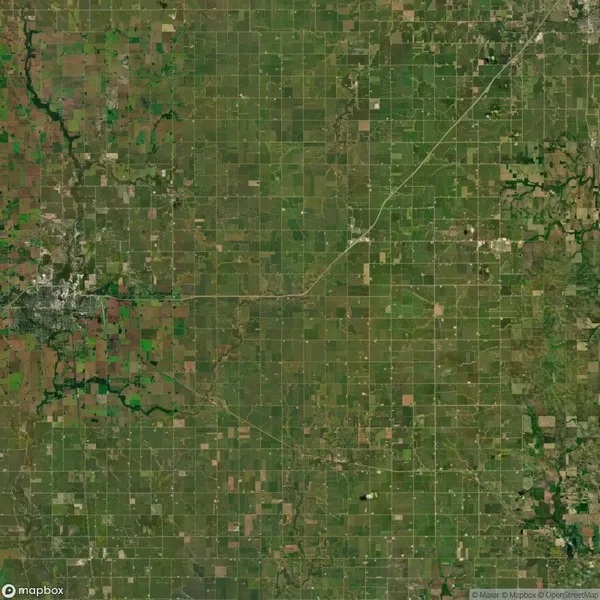 Aerial view of a grid-like pattern of farmland and roads, with patches of green fields and scattered areas of trees.