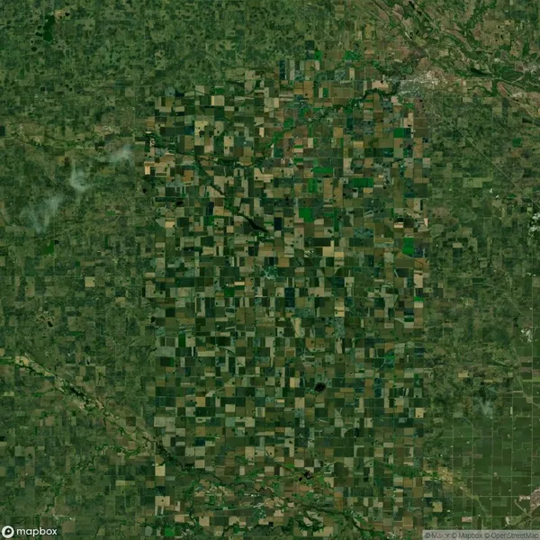 Aerial view of a vast, square-shaped grid pattern of agricultural fields in varying shades of green and brown, surrounded by patches of natural vegetation.