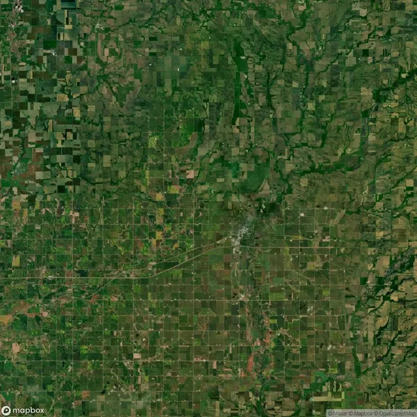 Aerial view of a rural landscape with a grid-like pattern of fields, roads, and patches of forested areas.