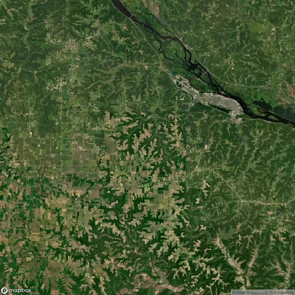 Satellite view of a landscape showing a mix of agricultural fields and dense forested areas, with a river flowing near a clustered urban region in the top right corner.