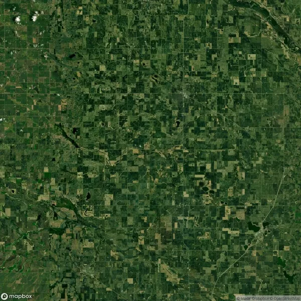 Aerial view of a patchwork of green agricultural fields and rural roads in a flat landscape.
