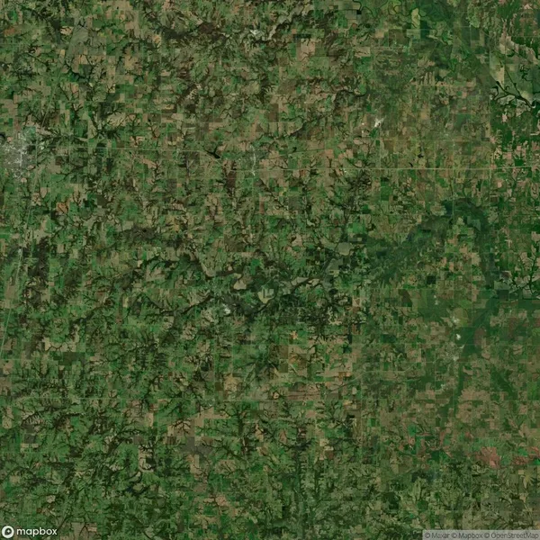 Aerial view of a rural landscape with a patchwork of fields, dense green vegetation, and winding roads.