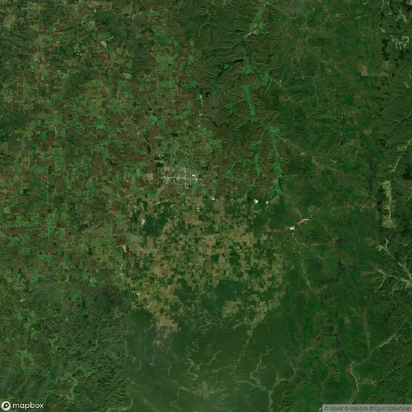 Aerial view of a landscape with a patchwork of green and brown fields and a central urban area, surrounded by dense forest.
